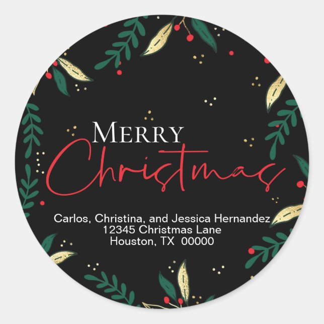 Elegant Red Gold Greenery on Black Merry Christmas Classic Round Sticker (Front)