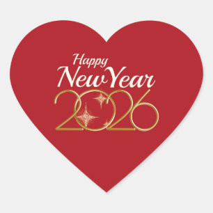 Elegant Red & Gold Happy New Year 2026 Roll of Lab Heart Sticker