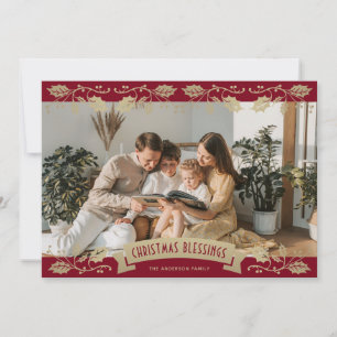 Elegant Red Gold Holly Berries Photo Christian Holiday Card