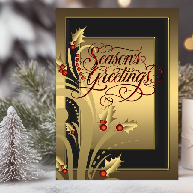 Elegant Red Gold Holly Christian Christmas Card (Beautiful red black and gold Christmas card with scripture verses on the inside.)