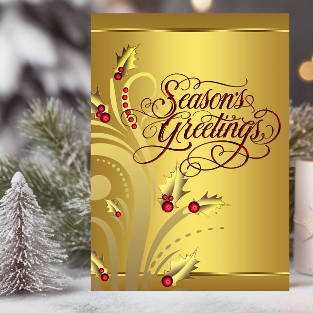 Elegant Red Gold Holly Christian Christmas Holiday Card (Christian Christmas card with elegant red and gold design.)