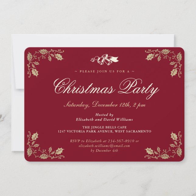 Elegant Red Gold Holly Christmas Holiday Party Invitation (Front)