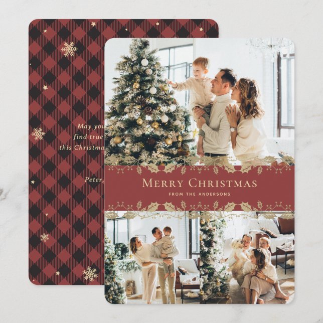 Elegant Red Gold Holly Plaid Photo Christmas Holiday Card (Front/Back)