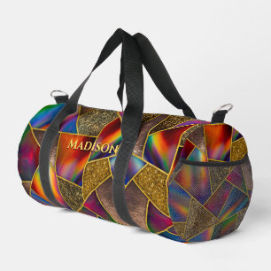 Elegant red gold holographic geometric duffle bag