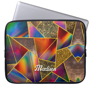 Elegant red gold holographic geometric laptop sleeve
