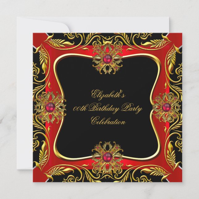 Elegant Red Gold Jewel Black Birthday Party Invitation (Front)