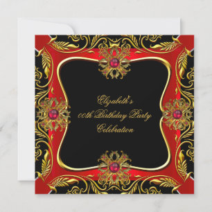 Elegant Red Gold Jewel Black Birthday Party Invitation
