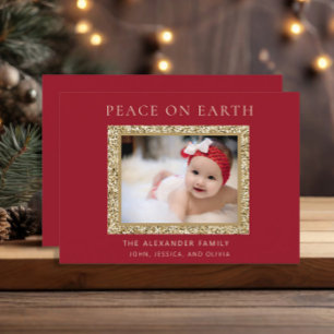 Elegant Red Gold Joy Christmas Photo Peace Earth Holiday Card