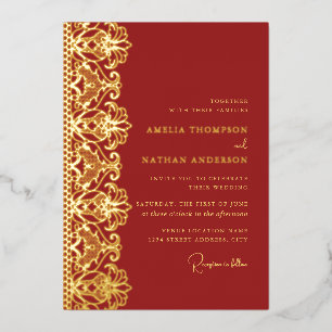Elegant Red Gold Lace Wedding Foil Invitation