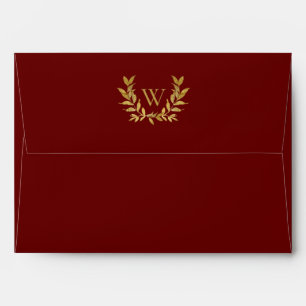 Elegant Red Gold Leaf Monogram Modern Wedding Envelope