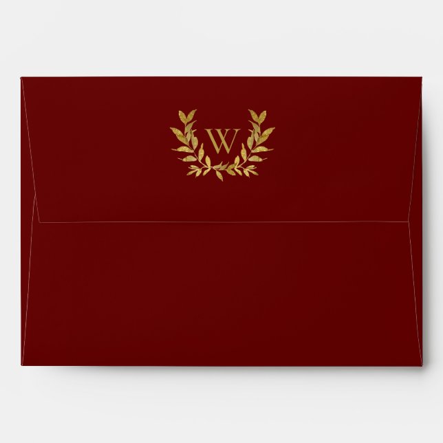 Elegant Red Gold Leaf Monogram Modern Wedding Envelope (Back (Top Flap))