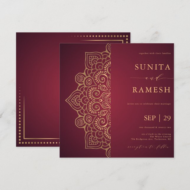 Elegant Red & Gold Mandala Ethnic Indian Wedding Invitation (Front/Back)