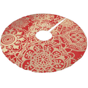 Elegant Red Gold Mandala Pattern Brushed Polyester Tree Skirt