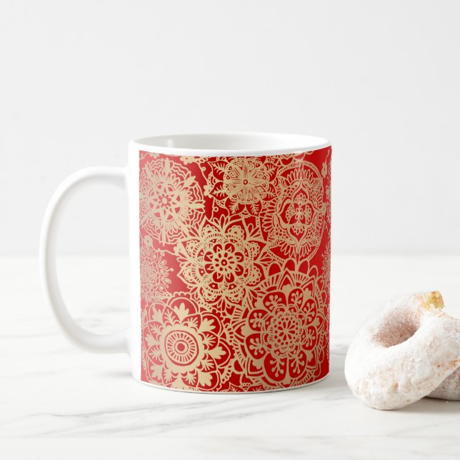 Elegant Red Gold Mandala Pattern Coffee Mug (With Donut)