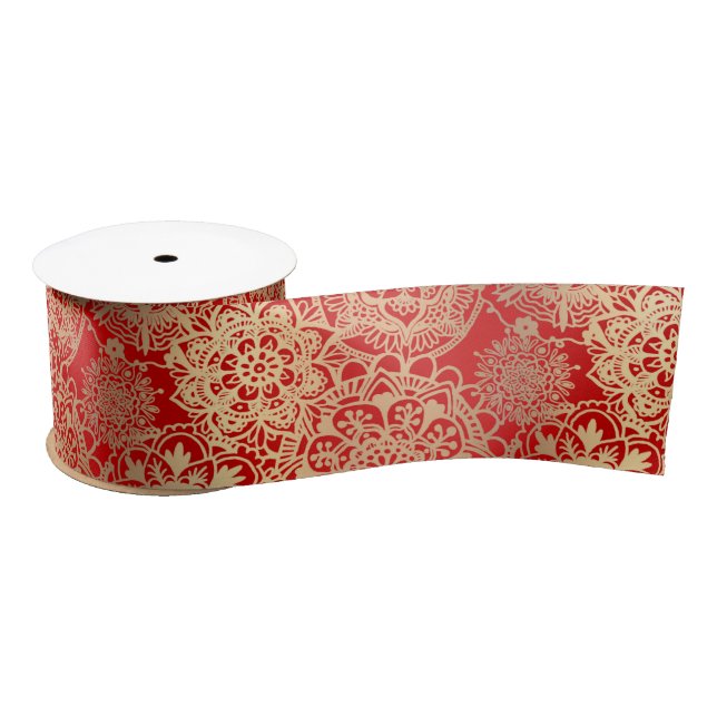 Elegant Red Gold Mandala Pattern Satin Ribbon (Spool)
