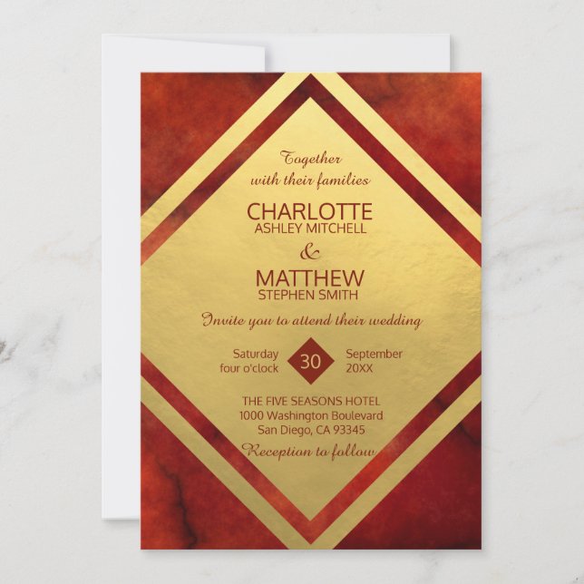 Elegant RED GOLD Marble Wedding Invitations (Front)