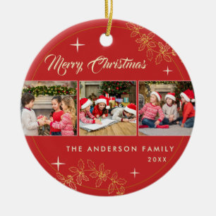 Elegant Red Gold Merry Christmas 3 Photo Collage Ceramic Tree Decoration