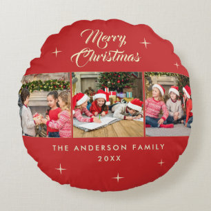 Elegant Red Gold Merry Christmas 3 Photo Collage Round Cushion