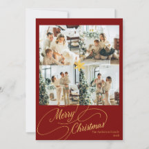 Elegant Red & Gold Merry Christmas Family Photo -