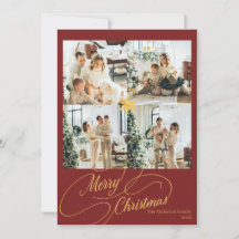Elegant Red & Gold Merry Christmas Family Photo -