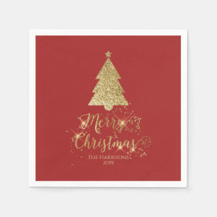 Elegant Red Gold Merry Christmas Sparkle Napkin