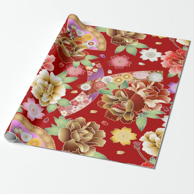 Elegant Red Gold Modern Asian Floral  Wrapping Paper (Unrolled)