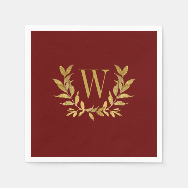 Elegant Red & Gold Modern Monogram Wedding Napkin (Front)
