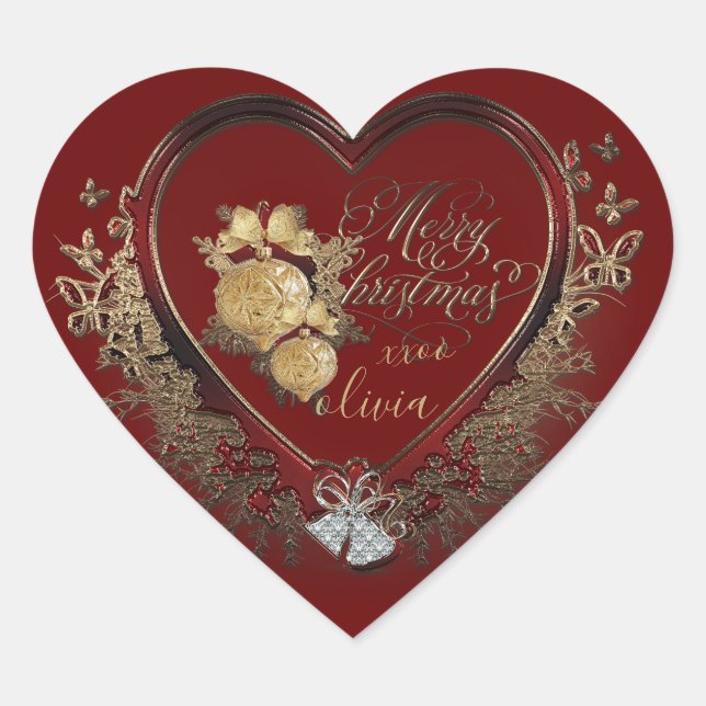 Elegant Red-Gold Modern Victorian Christmas Heart Sticker (Front)