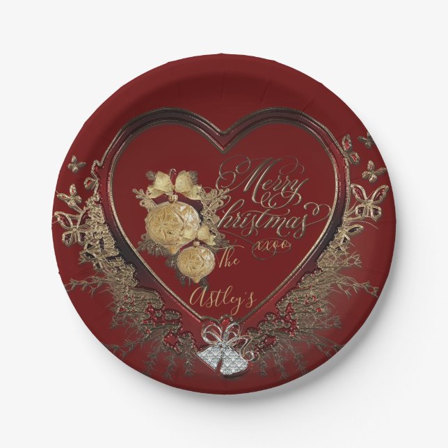 Elegant Red-Gold Modern Victorian Christmas Paper Plate (Front)