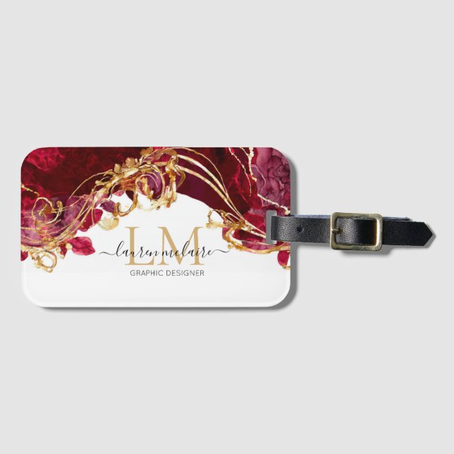 Elegant Red & Gold Monogram Luggage Tag (Front Horizontal)