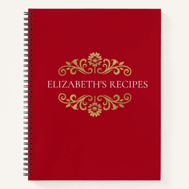 Elegant Red Gold Monogram Recipe Cookbook Notebook (Front)