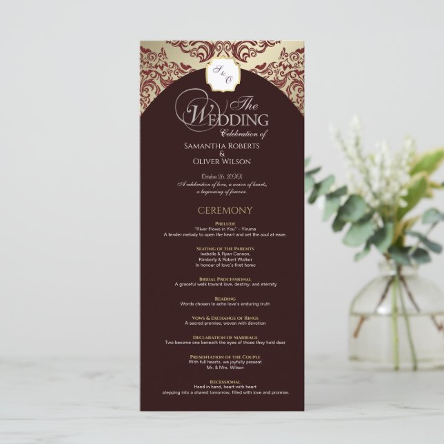 Elegant Red & Gold Monogram Wedding Program Programme (Standing Front)