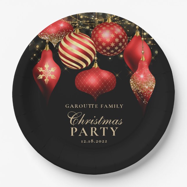 Elegant Red Gold Ornaments Christmas Party Paper Plate (Front)