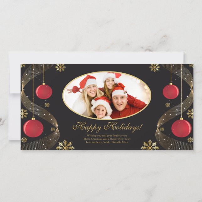 Elegant Red & Gold Ornaments Christmas Photo Card. Holiday Card (Front)
