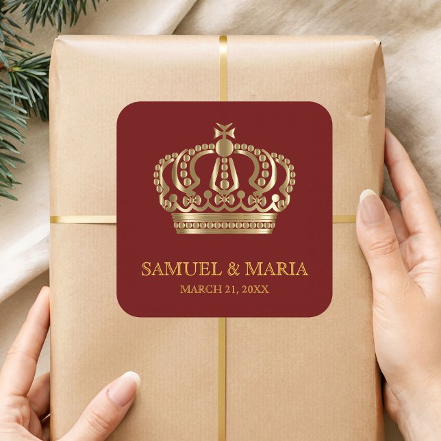 Elegant Red Gold Ornate Crown Wedding Favour Square Sticker (Creator Uploaded)