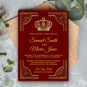 Elegant Red Gold Ornate Crown Wedding Invitation