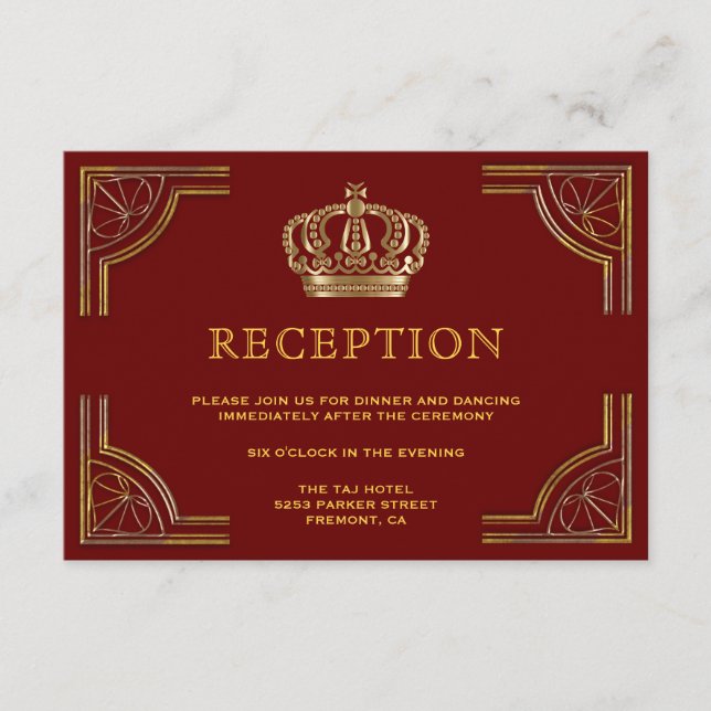 Elegant Red Gold Ornate Crown Wedding Reception Enclosure Card (Front)