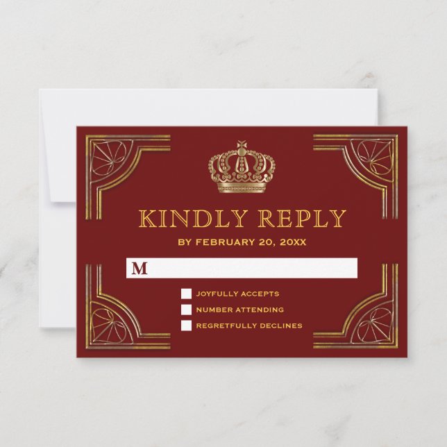 Elegant Red Gold Ornate Crown Wedding RSVP (Front)