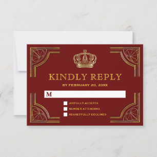 Elegant Red Gold Ornate Crown Wedding RSVP Card