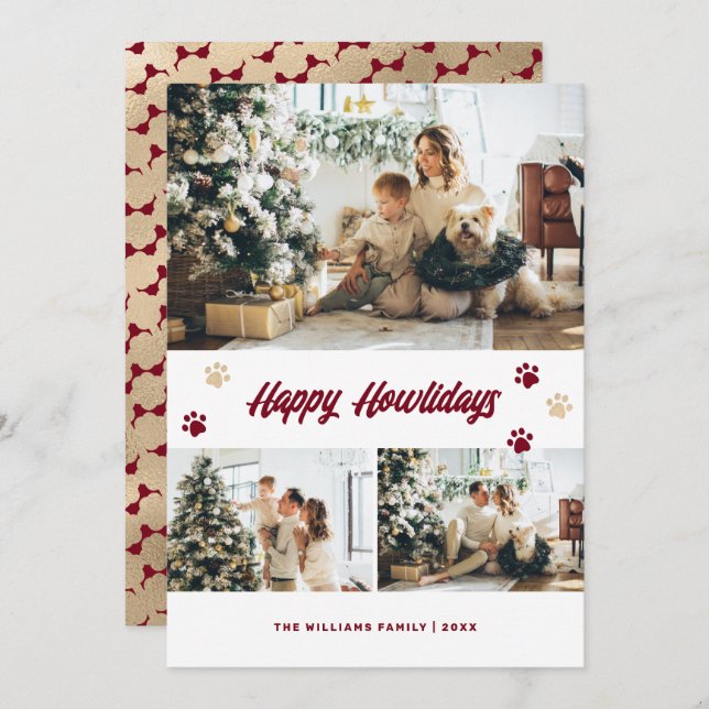 Elegant Red Gold Paws Photo Happy Howlidays Holiday Card (Front/Back)