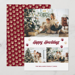 Elegant Red Gold Paws Photo Happy Howlidays Holiday Card