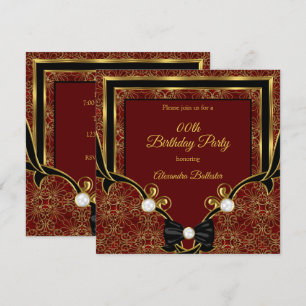 Elegant Red Gold Pearl Black Bow Birthday Party Invitation