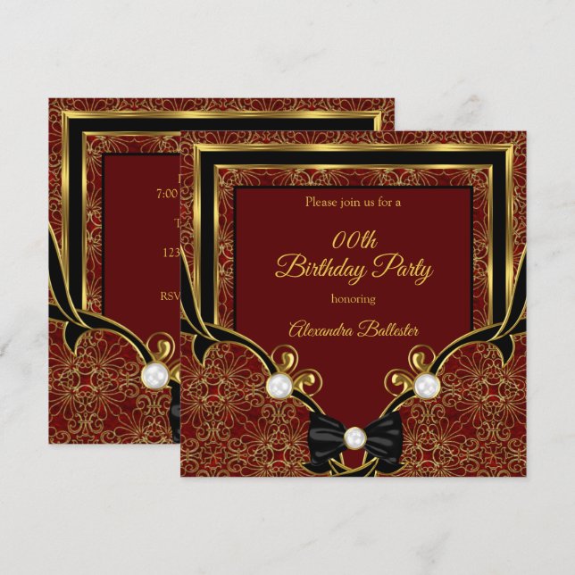 Elegant Red Gold Pearl Black Bow Birthday Party Invitation (Front/Back)