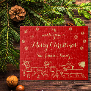 Elegant Red Gold Personalised Christmas Gift Fun Jigsaw Puzzle