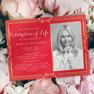 Elegant Red Gold Photo Celebration of life Invitation