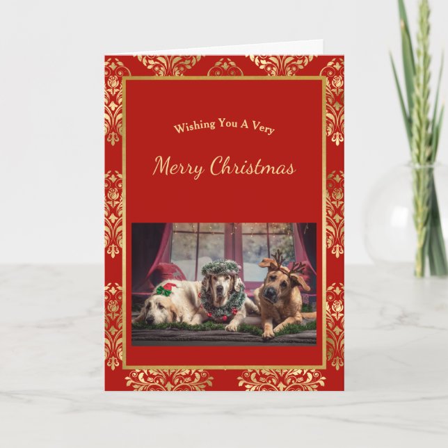 Elegant Red Gold Photo Christmas  Holiday Card (Front)