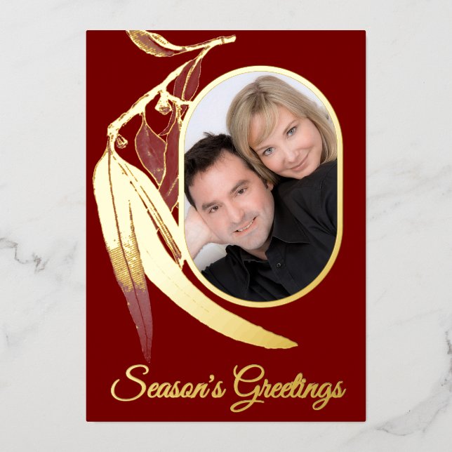 Elegant Red Gold Photo Eucalyptus Art Christmas  Foil Holiday Card (Front)