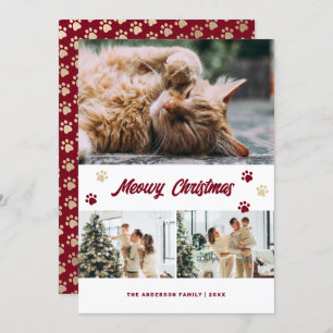 Elegant Red Gold Photo Meowy Christmas Card