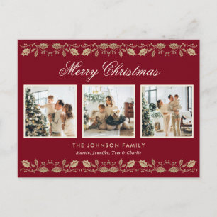 Elegant Red Gold Photo Merry Christmas Holiday Postcard