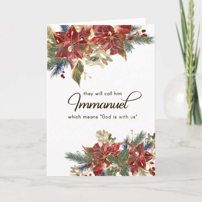 Elegant Red Gold Poinsettia Bible Verse Christmas Holiday Card (Front)